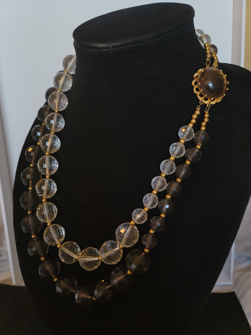 Vintage Two Strand Faceted Acrylic Smoky & Clear Beaded Necklace, Gorgeous Clasp